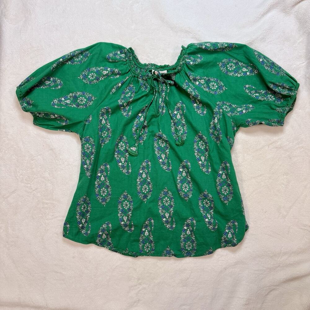 Women’s XXL Green Paisley Cotton Blouse Puff Sleeve Flowy Top